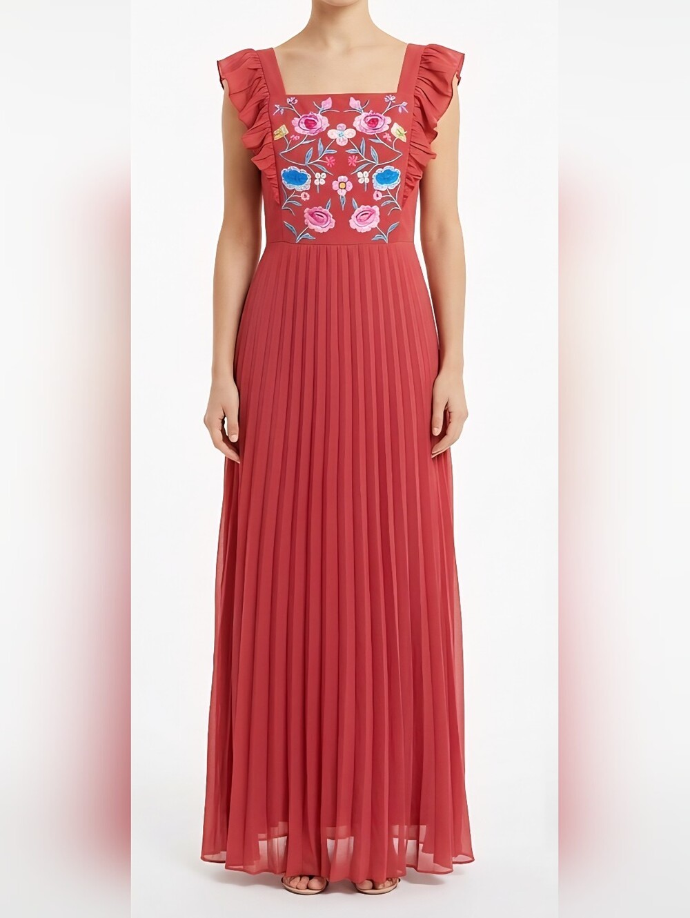 ASOS Embroidered Floral Ruffle Rosy Red Chiffon Pleated Skirt Maxi Dress Size 12